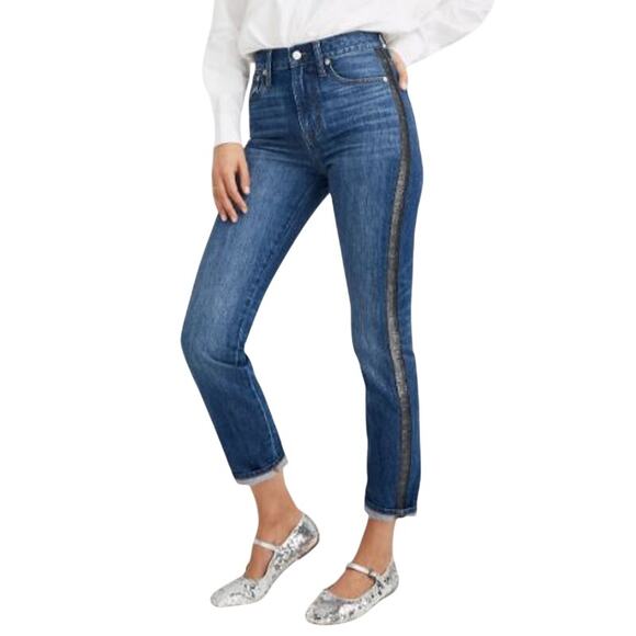 MADEWELL $135 Perfect Vintage Ankle Jean Metallic Tuxedo Stripe Size 33 - Picture 1 of 5